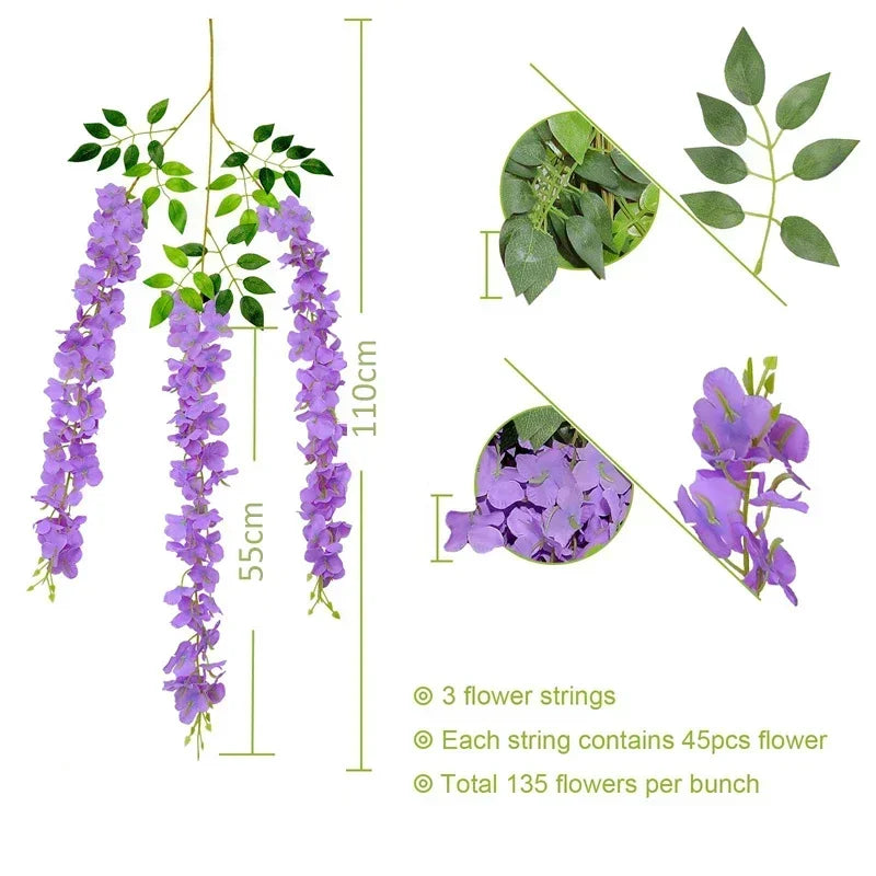 Wisteria Vine Artificial Flowers Wholesale 110cm Trailing Fake Flower String for Home Wedding Party Decor Silk Wisteria Garland