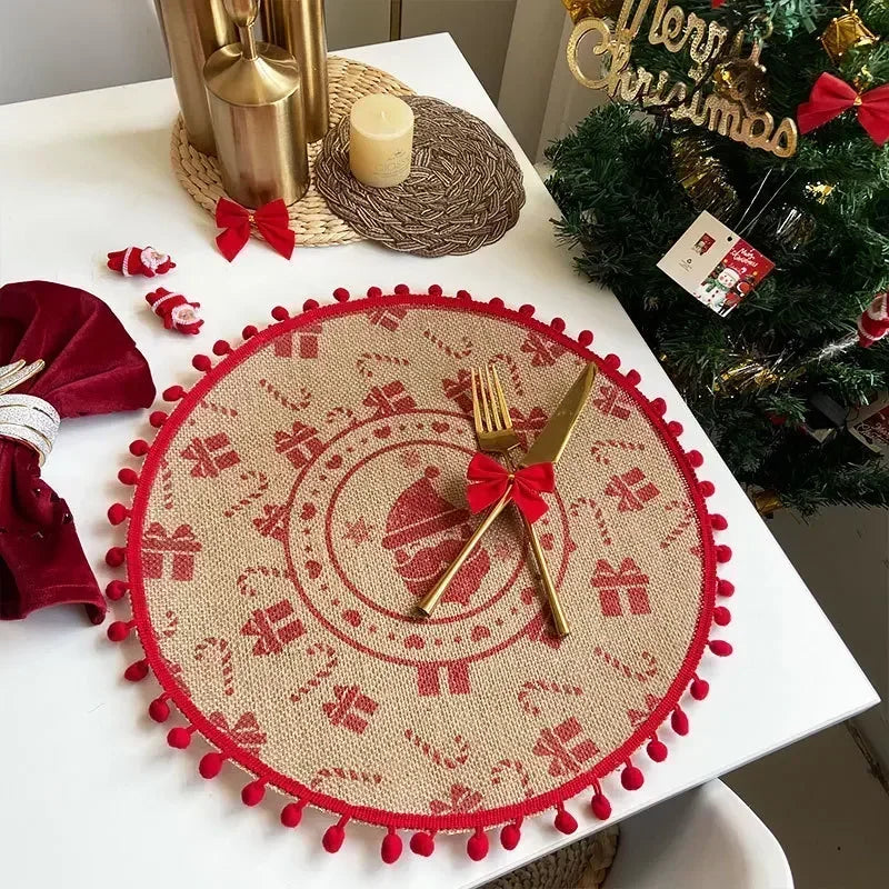 Jute Table Mats Christmas Woven Placemat Ins Printed Hairball Thermal Insulation Mat Retro Cotton and Linen Decorative Mat