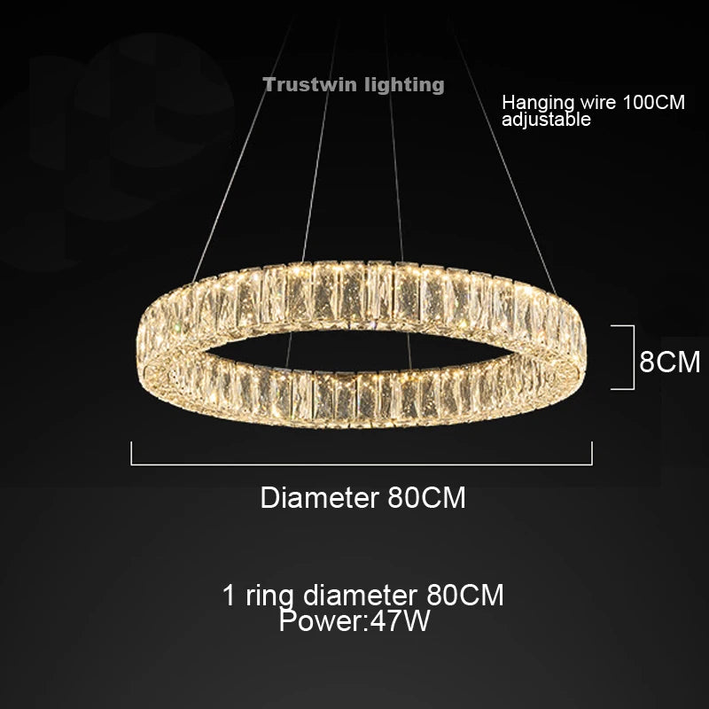 Round Crystal Chandelier Light LED Indoor Modern 40 60 80 100CM Circular Ring Hanging Lamp for Living Dinning Room Bedroom