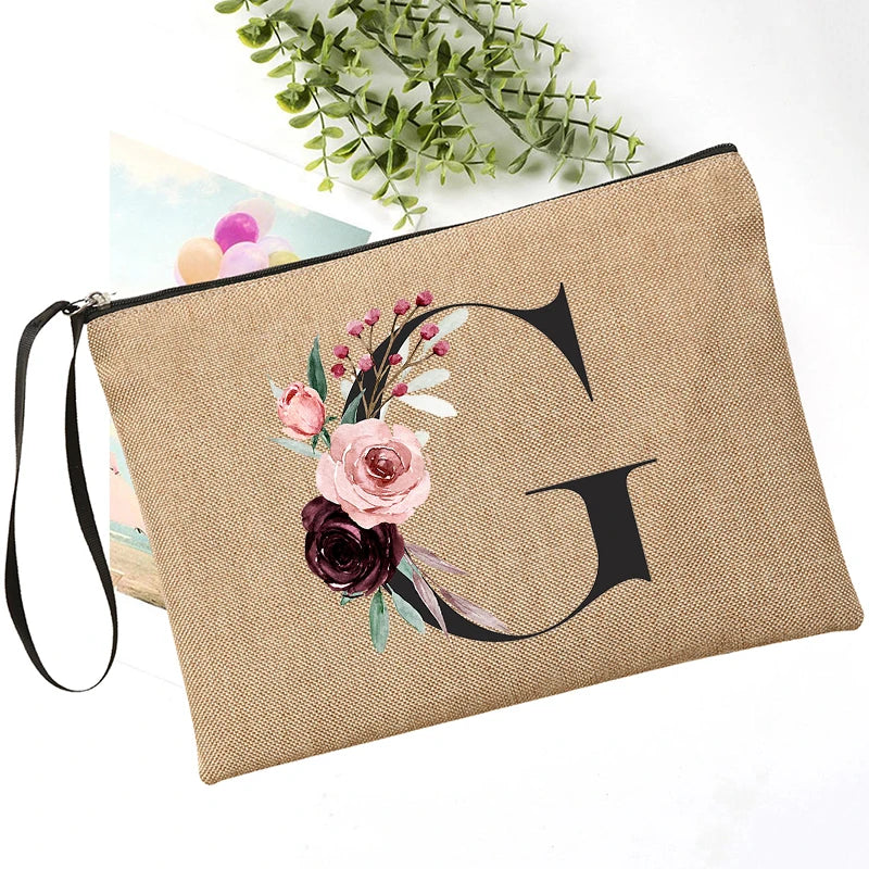 Letter Font Clutch Custom Name Letter Flower Combination Linen Lipstick Bag Travel Organizer Case Simple Wristlet Clutch Bag