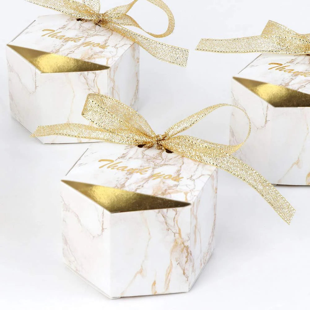 50PCS Small Party Gift oxes wedding favors Boxes , Marble Mini Thank You Boxes with glitter gold Bow ribbon