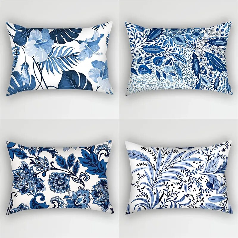 30x50cm Bohemia Blue Flower Polyester Pillowcase Retro Ink Leaves Plant Cushion Cover Sofa Lumbar Pillow Case Home Decoration