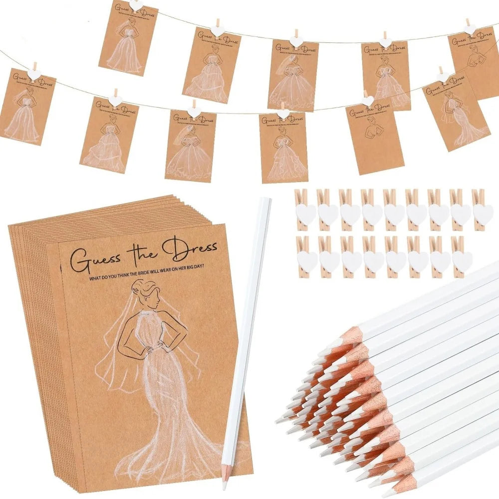 10/20Set Guessing Wedding Dress Up Game Card Bridal Shower Hand Drawing Games Card with Clips Pens Engagement Wedding Decoration