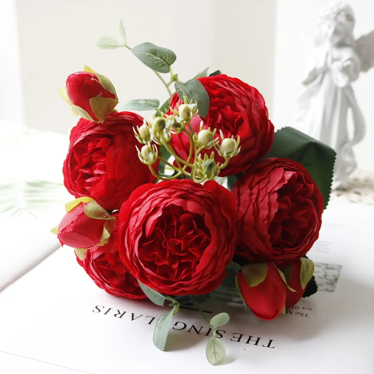 30cm Rose White Peony Artificial Flowers Bouquet 5 Big Head and 4 Bud Cheap Fake Flowers for Home Wedding Decoration Indoor