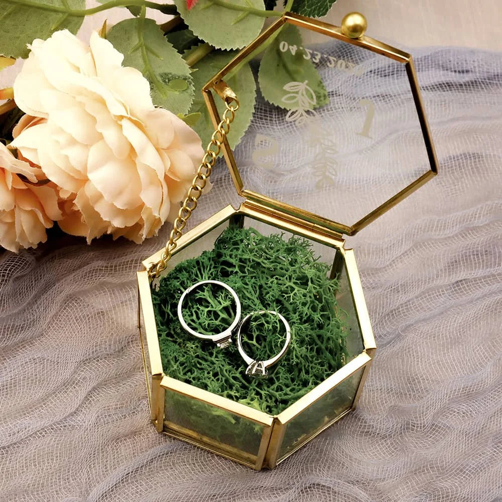 Personalized Hexagon Glass Ring Box with Moss Wedding Gold Ring Bearer Box Modern Geometrical Clear Jewelry Storage Box