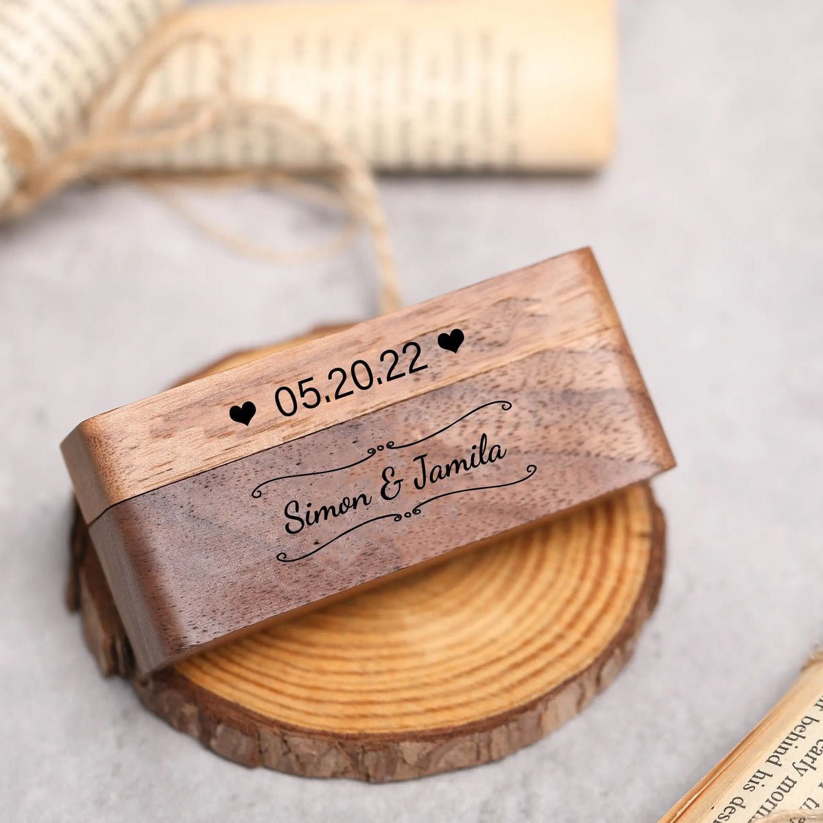 Personalized Wedding Ring Bearer Box, Custom Rustic Engraved Name Date Ring Box, Wood Rings Holder, Proposal or Engagement Ring