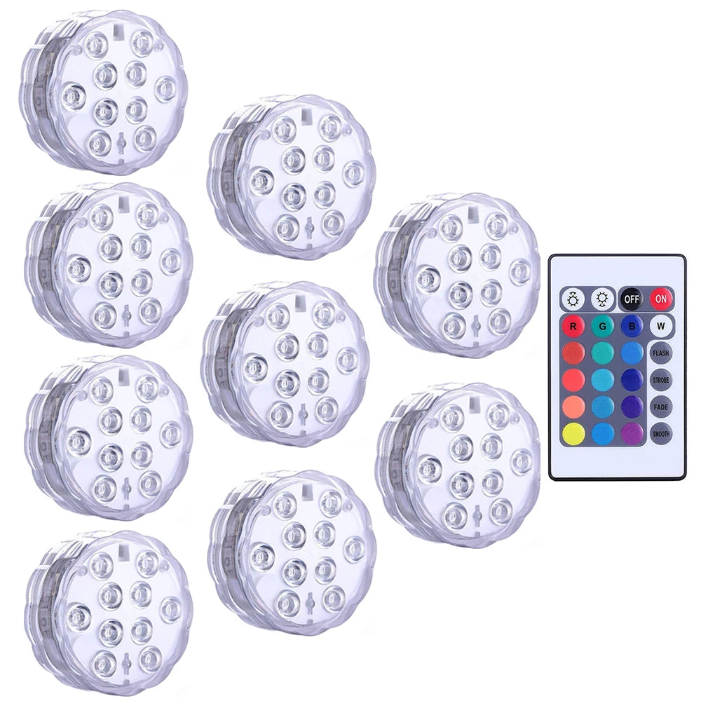 10 LEDs Submersible Light with Remote Control Underwater Night Lamp for Pool Vase Bowl Wedding Party Decoration Underwater Light