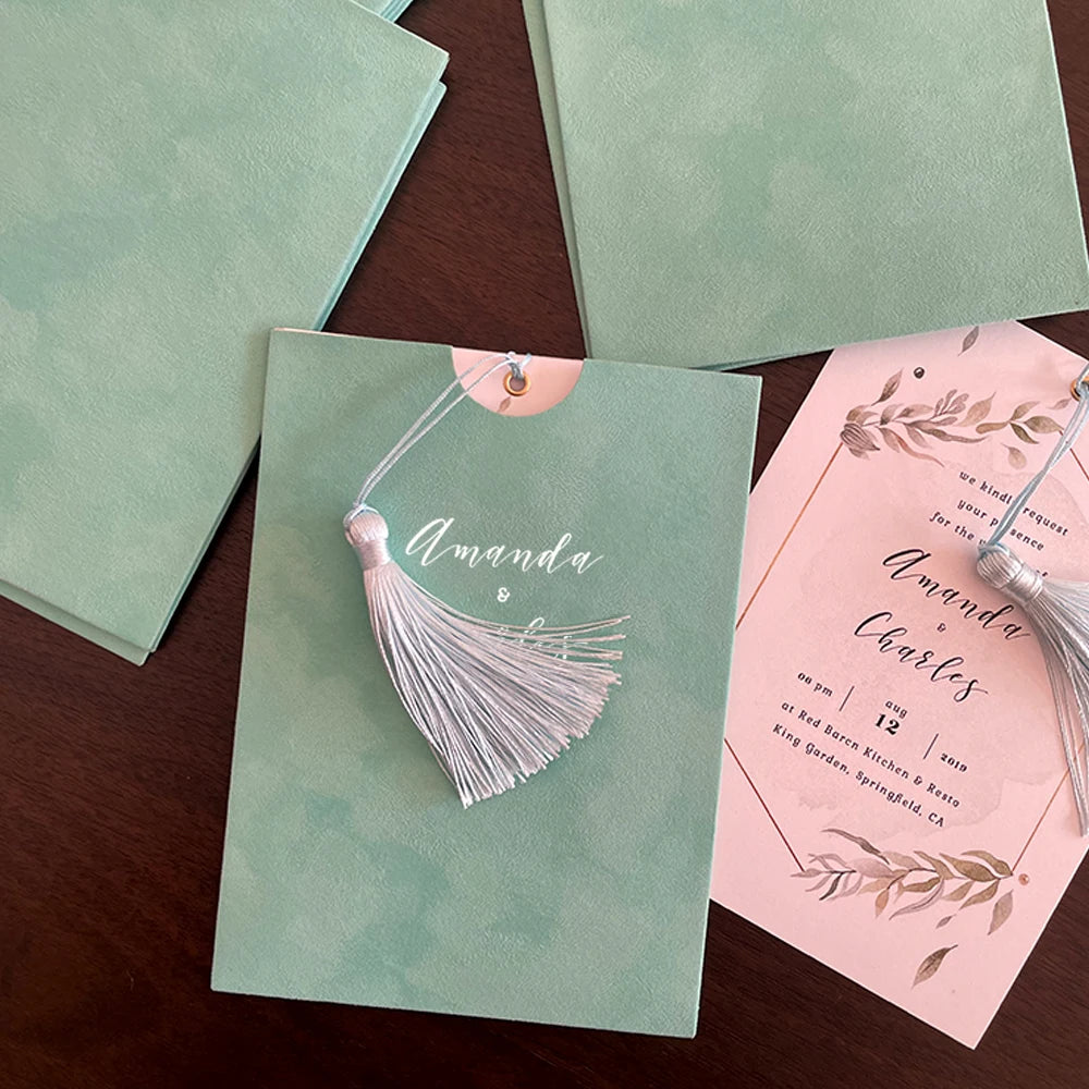 100pcs Personalized Invitation Business wedding Quinceanera Birthday Thank you letter Light green velvet decorated envelope