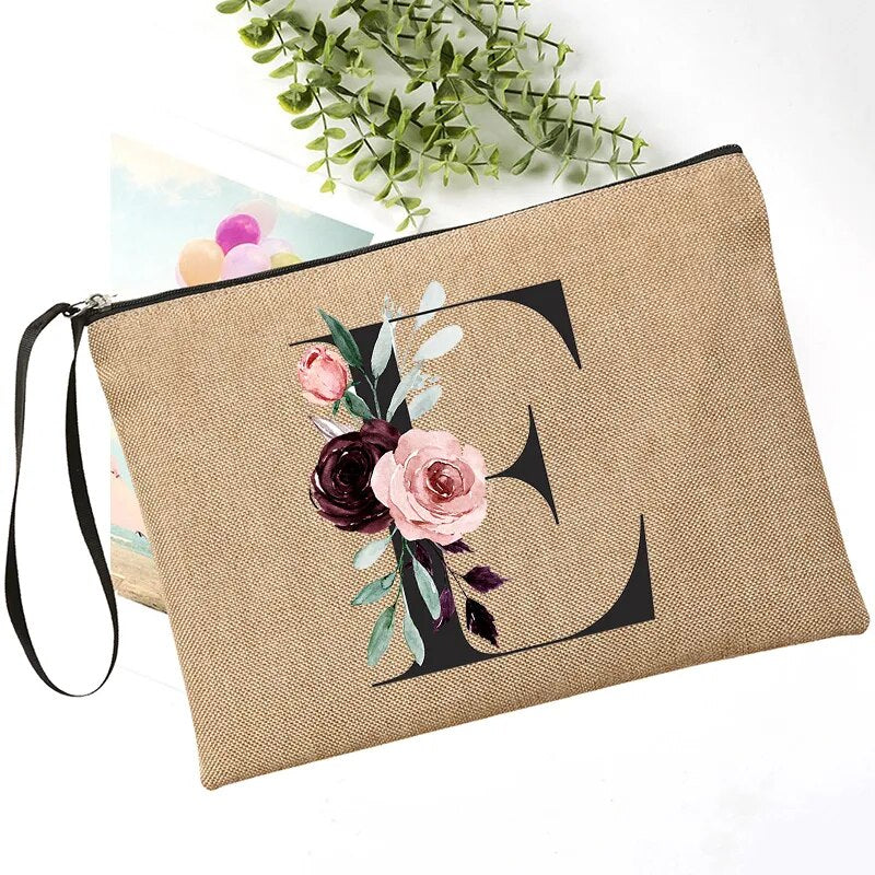 Letter Font Clutch Custom Name Letter Flower Combination Linen Lipstick Bag Travel Organizer Case Simple Wristlet Clutch Bag