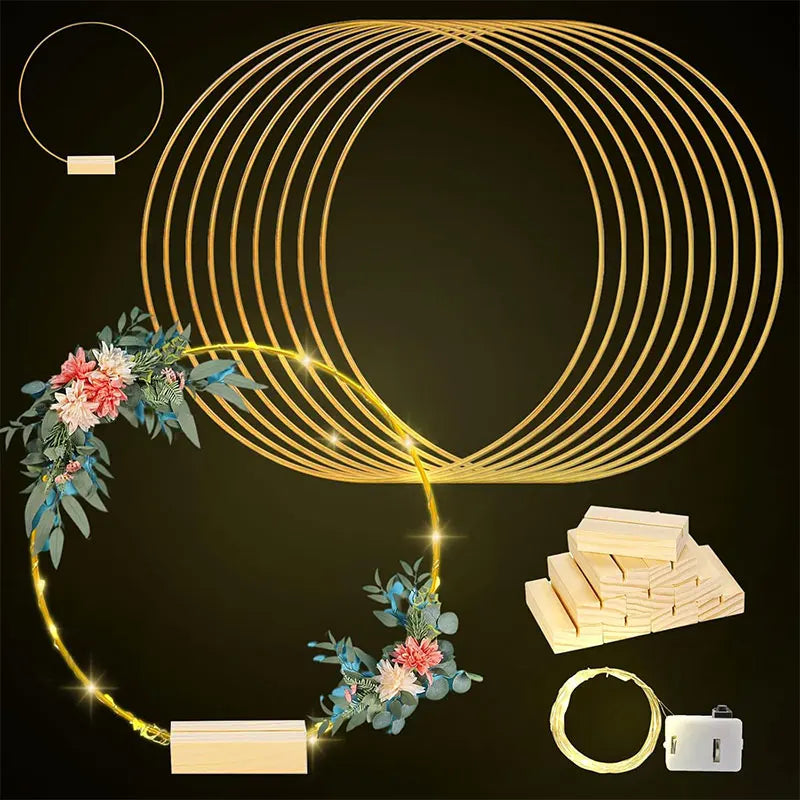 20-35cm Wedding Flower Garland Metal Gold Wreath Ring Wooden Base Wedding Birthday Party Table Decor DIY Wreath Catcher Crafts
