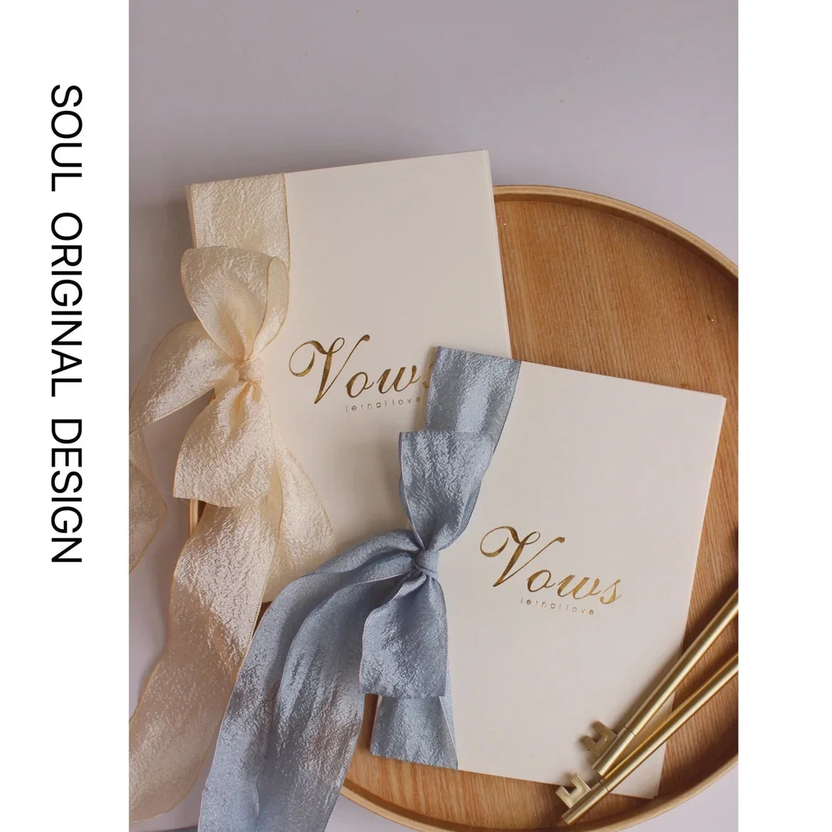 2Pcs/Set Romantic Wedding Favors Bride And Groom Vows Card with  Chiffon Ribbons Gold Pen Book His & Her Photo Props Vow Gift