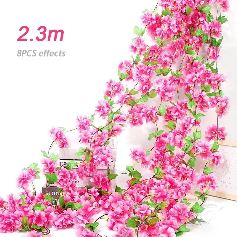Artificial Flowers Cherry Blossoms Vines Silk Flowers Sakura Rattan Christmas Ornament Hanging Garland Wedding Home Decoration