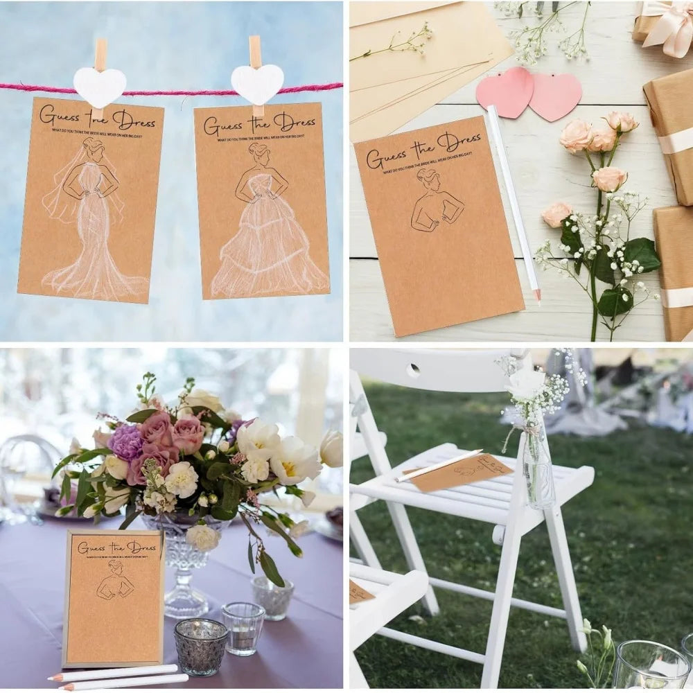 10/20Set Guessing Wedding Dress Up Game Card Bridal Shower Hand Drawing Games Card with Clips Pens Engagement Wedding Decoration