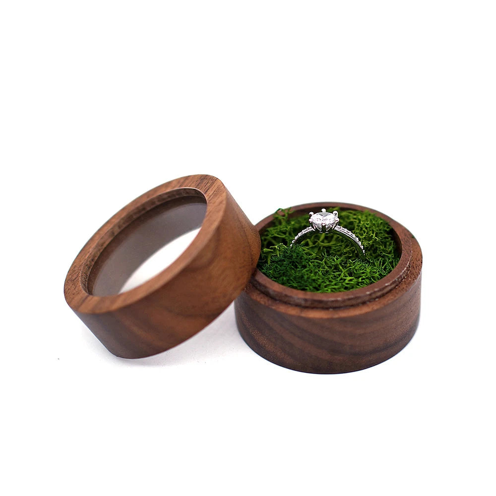 Personalized Wooden Wedding Ring Box with Clear Acrylic Cover, Custom Round Engagement Proposal Holder, Double Ring Bearer Box