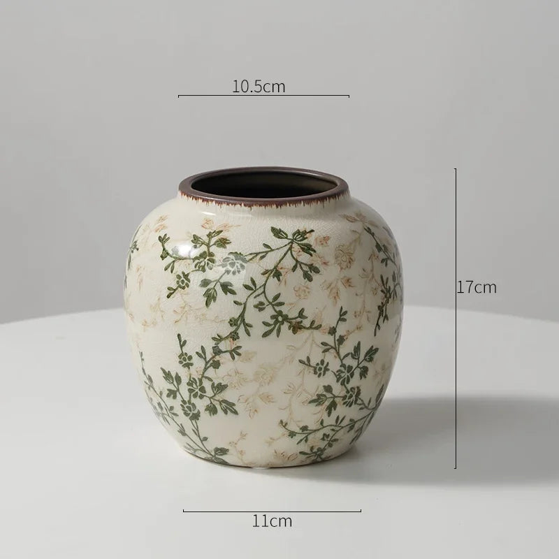 New Ceramic Vase Pastoral Style Green Flowers Ice Cracked Ceramic Vase Home Decoration Living Room Porch Hydroponic Plant Vase