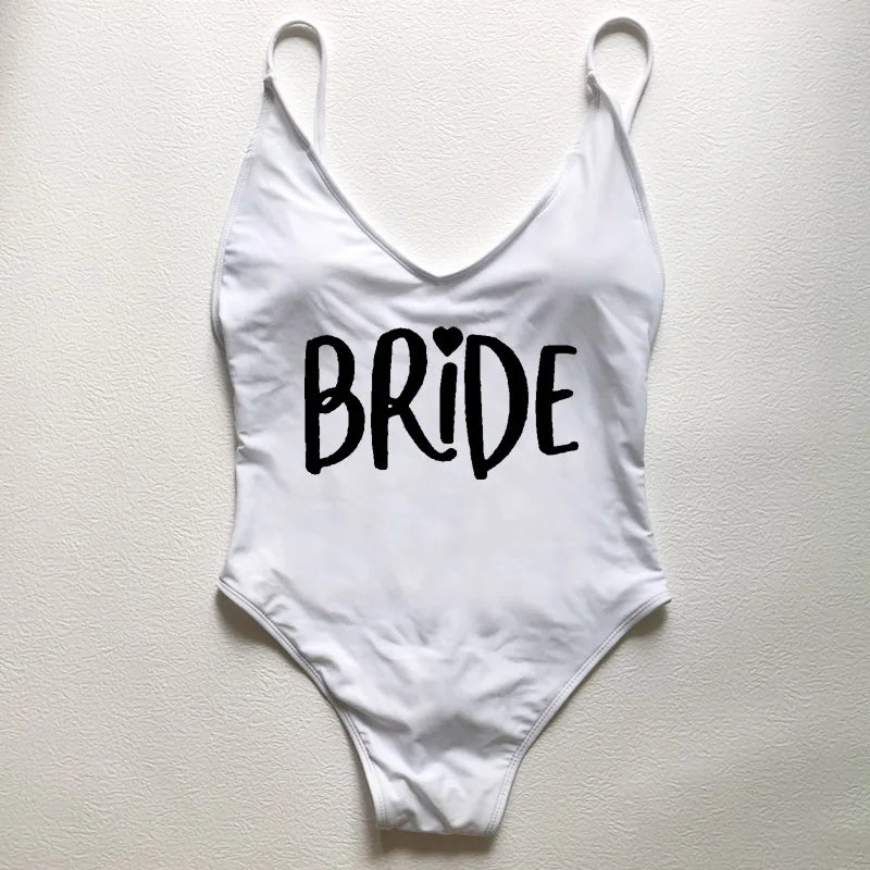 Sexy Padded Swimwear Women Team Bride Love Print One Piece Swimsuit Summer Bathing Suit Bachelor Party Beachwear backless bikini