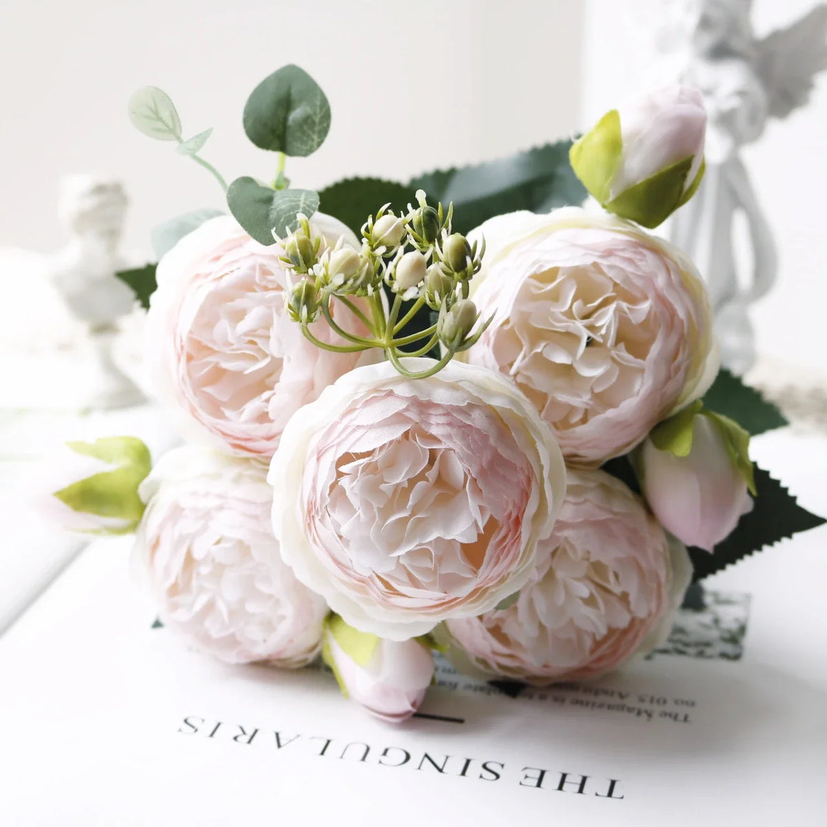30cm Rose White Peony Artificial Flowers Bouquet 5 Big Head and 4 Bud Cheap Fake Flowers for Home Wedding Decoration Indoor