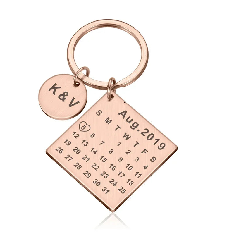 Personalized Stainless Steel Engraved Calendar Date Keychain Custom Keyring Gift For Wedding Anniversary Gift