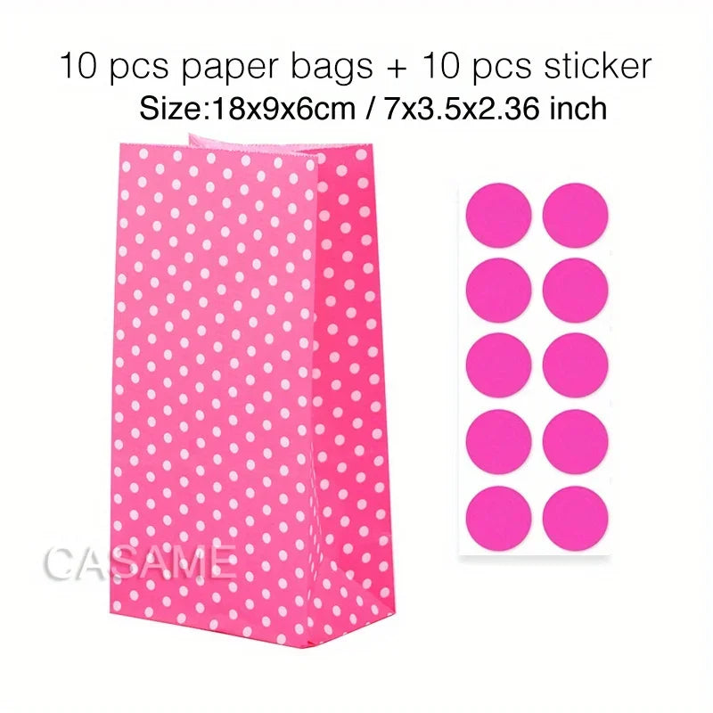 10 pcs Colorful Solid Stripe and Polka Dot Stand-Up Bags with Stickers - 18x9x6cm Favor Gift Packing Treat Bags for Wedding