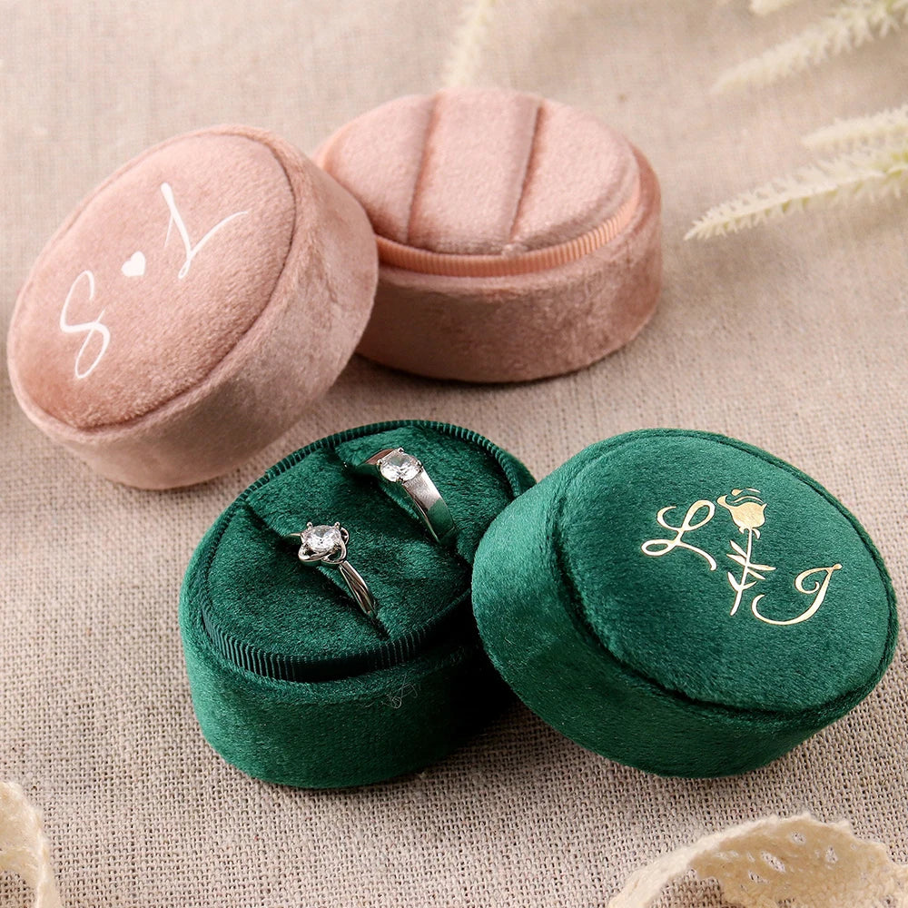 Personalized Oval Velvet Ring Box Double Slot Wedding Engagement Ring Holder Box Modern Elegant Wedding Decoration