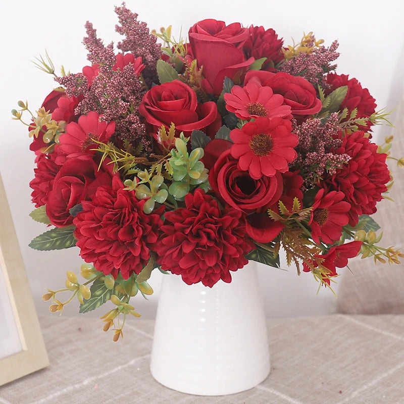 Autumn Artificial Flowers Rose Bride Bouquet Wedding Christmas Living Room Table Decoration For Vase Home DIY Fake Plants