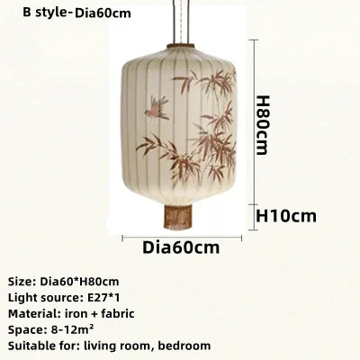 New Chinese Fabric Lantern Lamp For Restaurant Living Room Retro Hotel Homestay Balcony Hand Drawn Pattern Chandelier Free Bulb