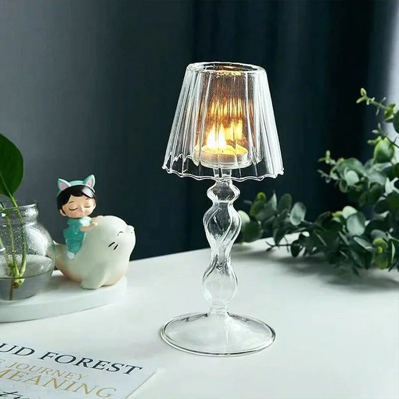 European Style Glass Desk Lamp Shaped Candle Holder High Legged Striped Candle Holder Wedding Home Creative Decoration