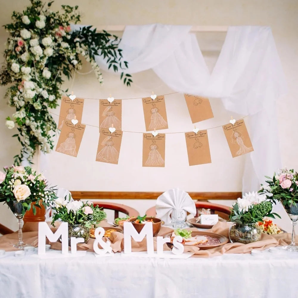 10/20Set Guessing Wedding Dress Up Game Card Bridal Shower Hand Drawing Games Card with Clips Pens Engagement Wedding Decoration