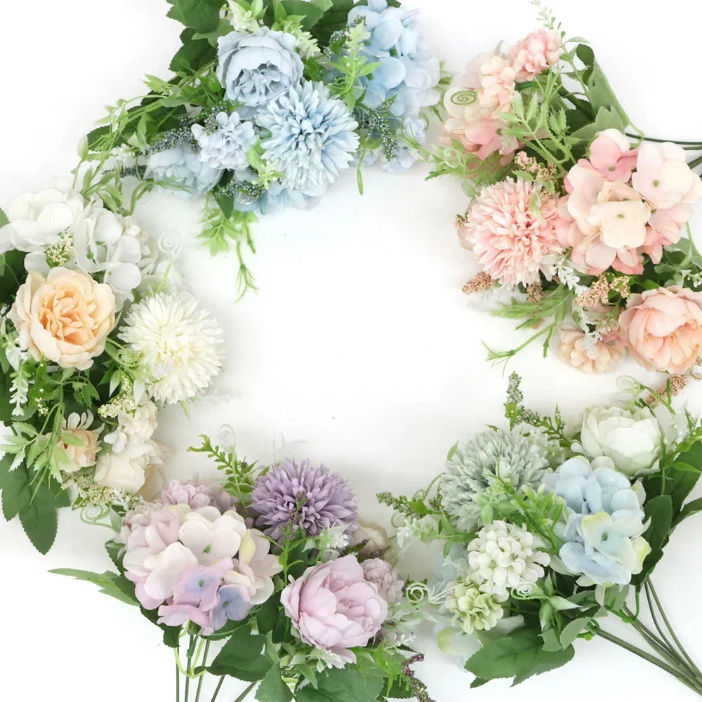 7 Heads Hydrangea Flowers Artificial Bouquet Silk Blooming Fake Peony Bridal Hand Flower Roses Wedding Centerpieces Decor