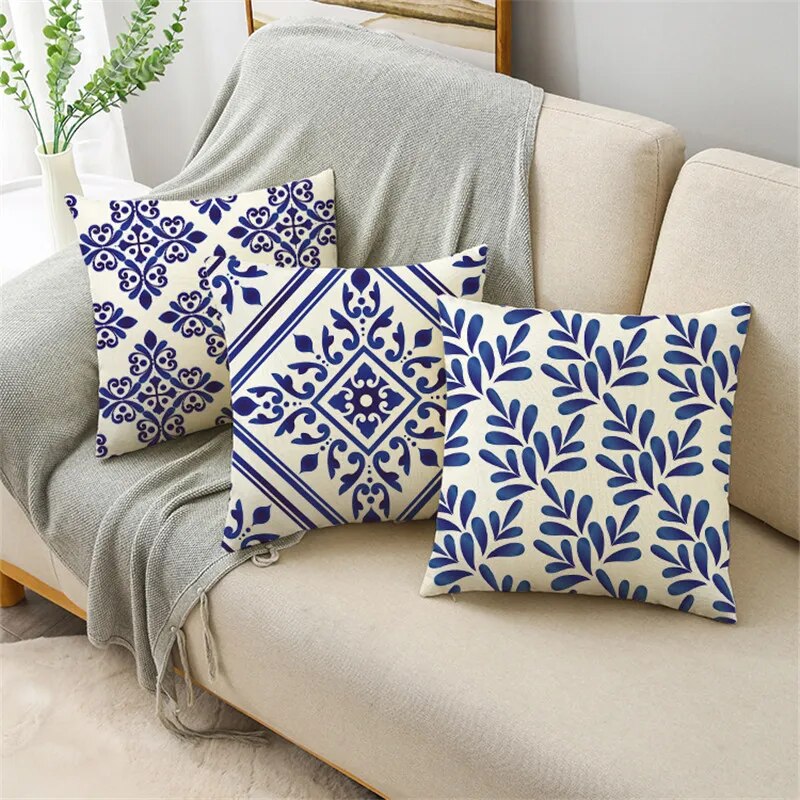 WZH Traditional Style Blue and White Porcelain Pattern Printing Personality Pillowcase Cushion Cover Sofa Decor 40cm/45cm/50cm