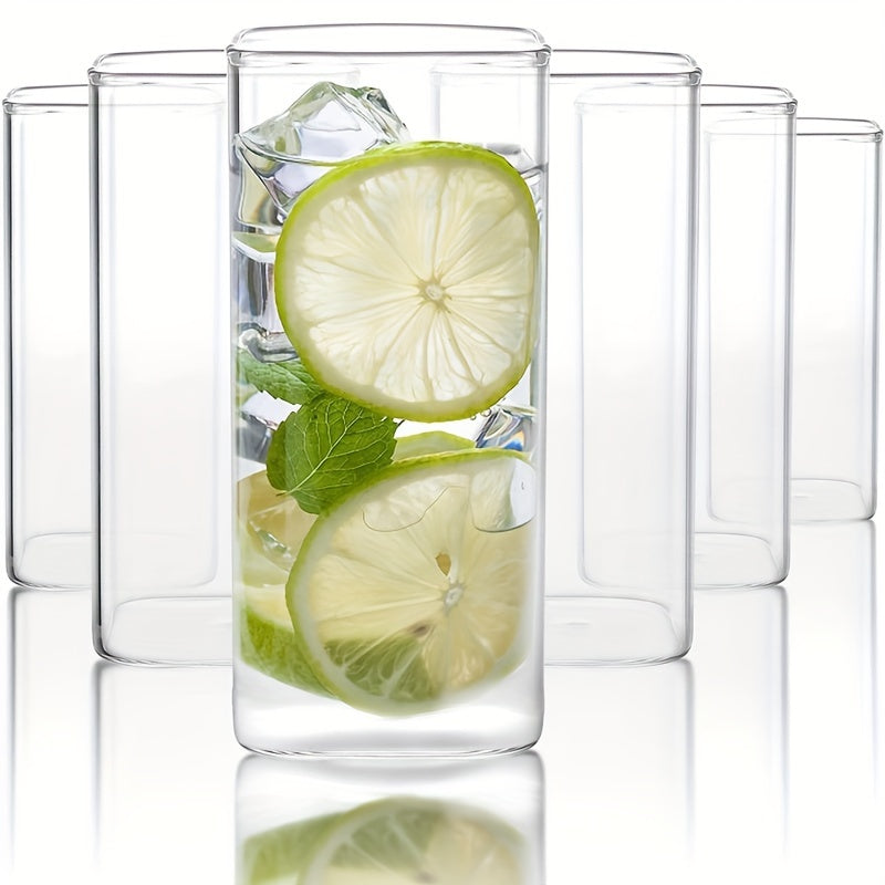 6pcs Glass Cups, 15oz Square Drinking Glasses Set, Square Glass Cups, Thin Highball Glasses Drink Tumbler Set, Clear Tall Glass Cups For Tea Iced Coffee, Water, Juice, Beer, Whiskey, Cocktails, Kitchen Party Home Bar Accessor