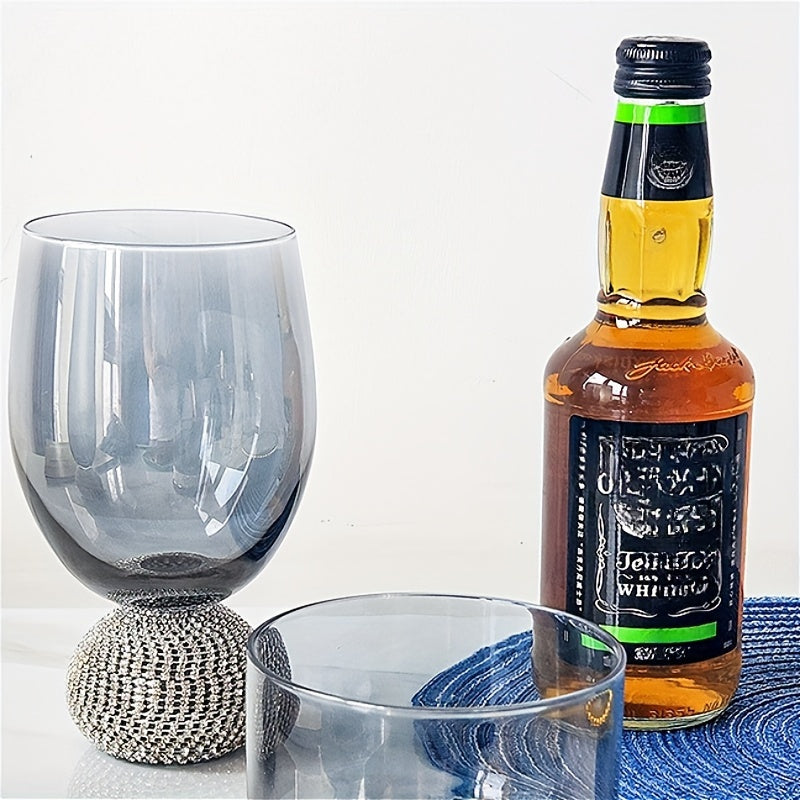 2pcs Luxe Stemless Wine Glass Set, Hand-Blown Insulated Glassware, Rhinestone Embellished, Smoke Grey, Reusable for Cocktails, Red Wine, Whiskey - Ideal for Christmas, Halloween, Easter, Thanksgiving, Hanukkah Gifts