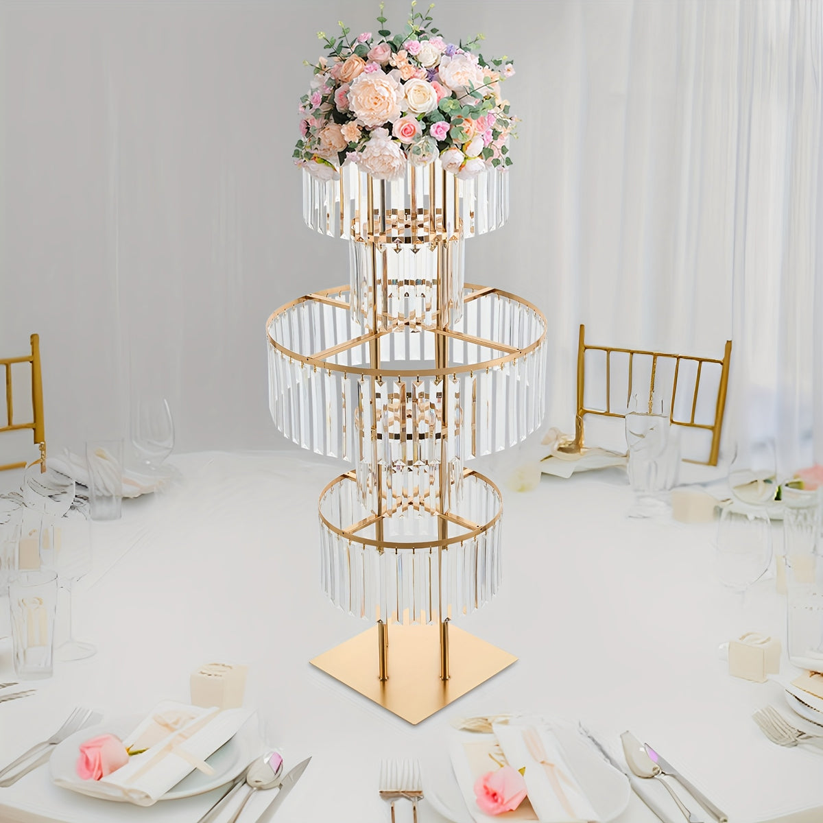 [2D Flat] 5-Tier Golden Wedding Flower Stand with Clear Acrylic Tiers - Elegant Round Centerpiece for Parties, Birthdays, and Events - 110cm Height, Square Base, Easy Assembly Required, Wedding Decorations