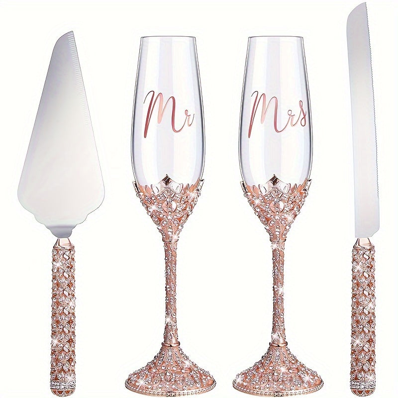4Pcs Wedding Champagne Flutes And Cake Knife Server Set, Toasting Crystal Rhinestone Champagne Flutes Glass Cake Knife Pie Server Wedding Gift For Couple Bride Groom, Wedding Reception Supplies, Champagne Glass For Anniversar