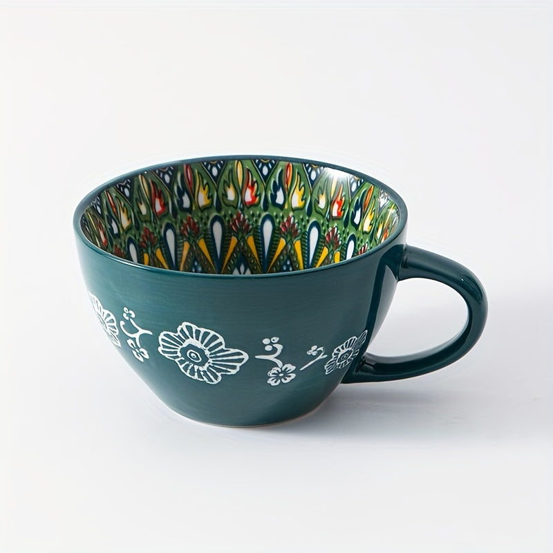 1PC 15OZ Bohemian Ceramic Coffee Mug, Large Capacity, Insulated, Machine Washable, Reusable Multipurpose Cup for Microwave Heating Milk & Coffee