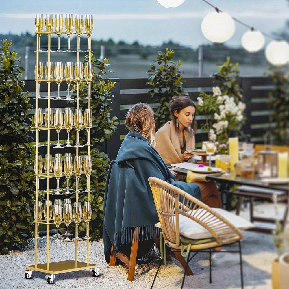 Party Champagne Wall, 5-layer movable champagne wall rack, capable of accommodating 40 tall glasses of various sizes, metal champagne tower, wheeled glass rack, small size, suitable for parties, weddings, events, and Christma