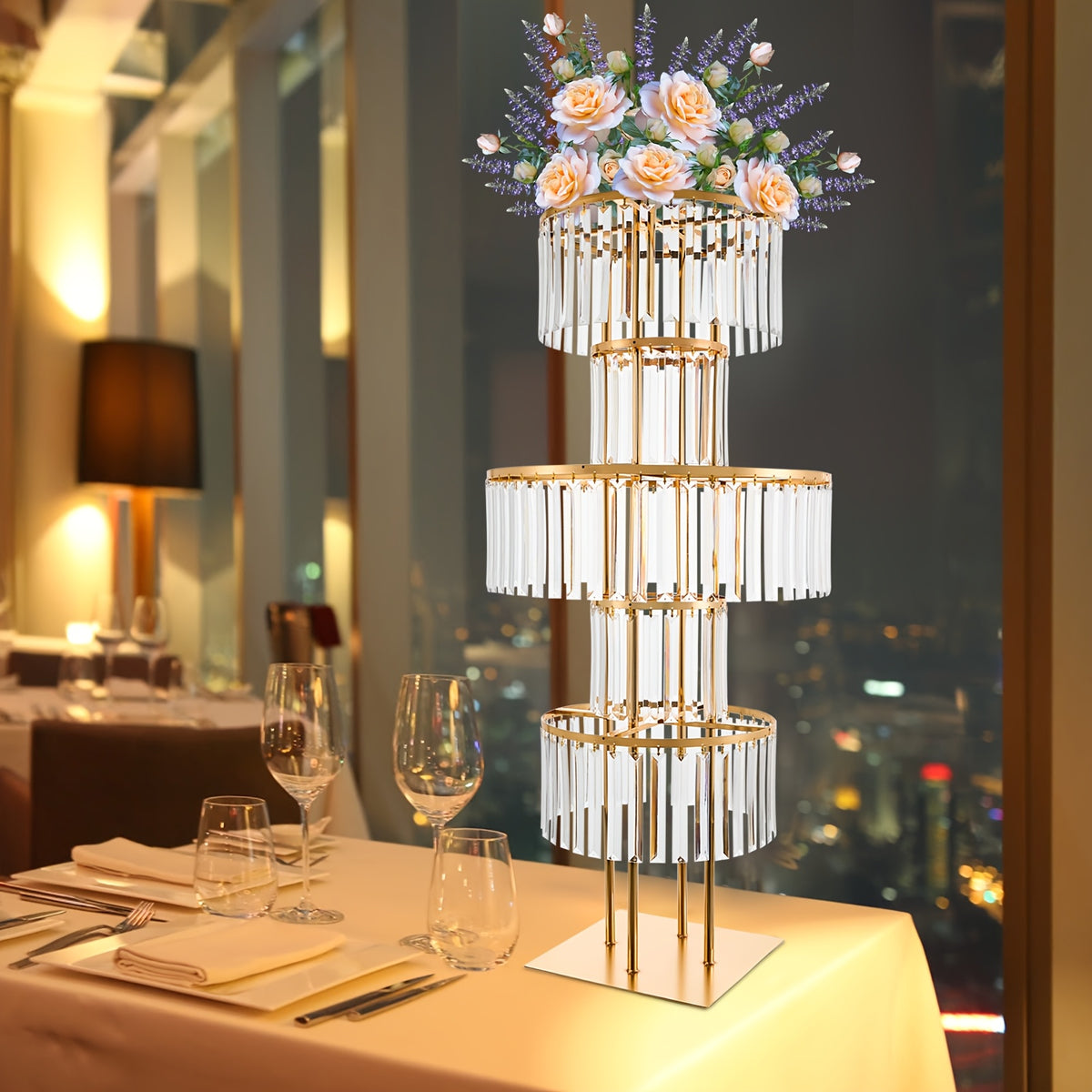 [2D Flat] 5-Tier Golden Wedding Flower Stand with Clear Acrylic Tiers - Elegant Round Centerpiece for Parties, Birthdays, and Events - 110cm Height, Square Base, Easy Assembly Required, Wedding Decorations