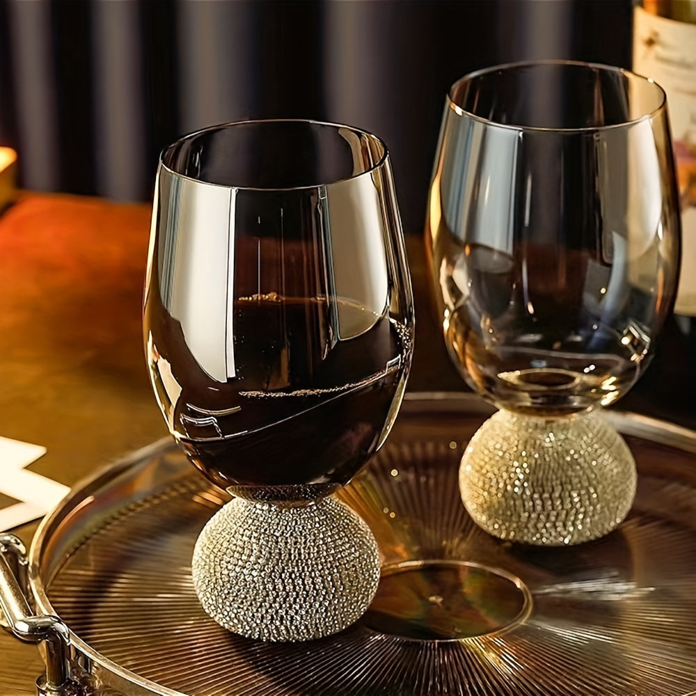 2pcs Luxe Stemless Wine Glass Set, Hand-Blown Insulated Glassware, Rhinestone Embellished, Smoke Grey, Reusable for Cocktails, Red Wine, Whiskey - Ideal for Christmas, Halloween, Easter, Thanksgiving, Hanukkah Gifts