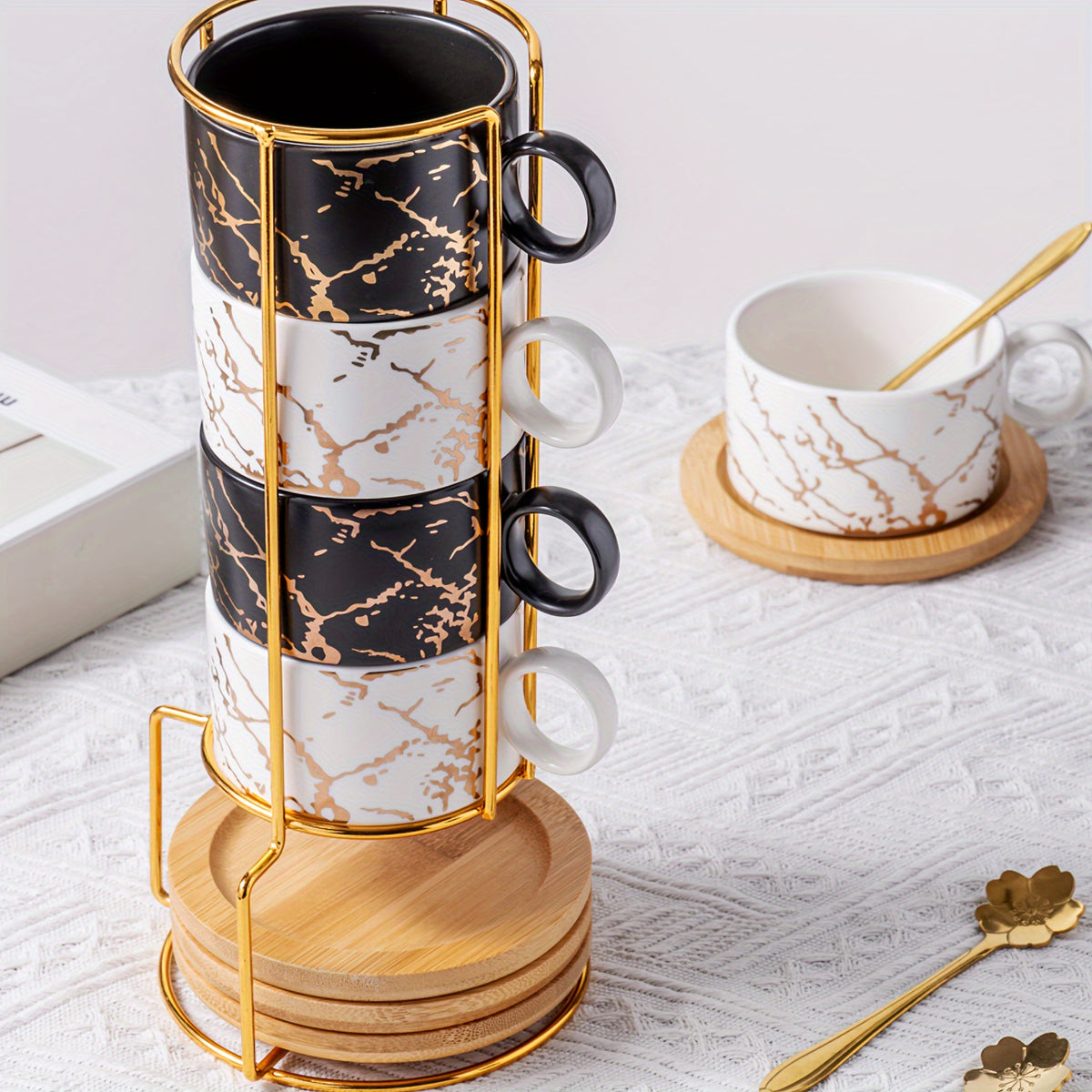 180ml ceramic coffee cups Stackable mugs marble design set of 4 cups with wooden saucer and gold stand