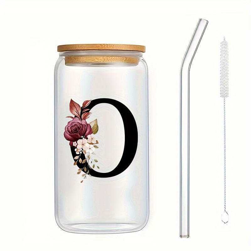 16oz Glass Coffee Mug with Bamboo Lid & Straw - A-Z Letter Design, Perfect for Office & Home Use, Ideal Birthday or Holiday Gift for Women