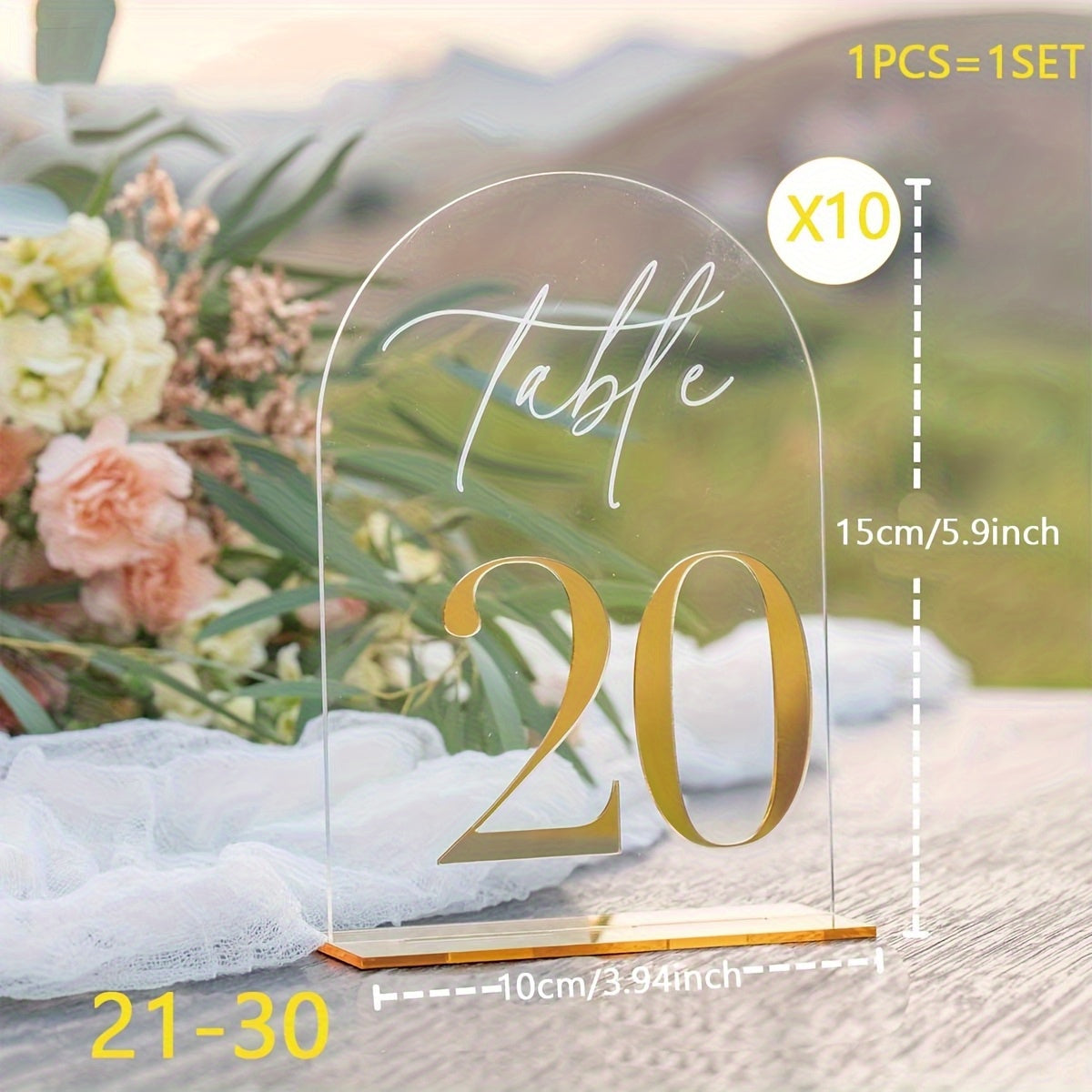 Acrylic Wedding Table Number Plate 1-10 with Stand, 10.01 x 15.01cm Elegant Golden Durable Thick Style Suitable