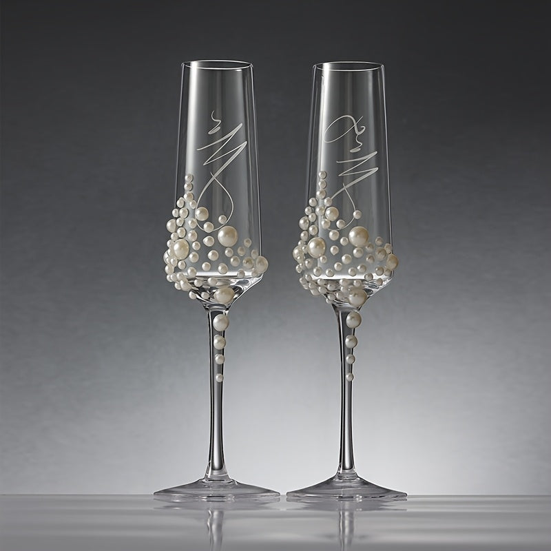 2pcs Elegant Wedding Crystal Glass Champagne Glasses Pearl Golden Letters Suitable for Wedding Festival Gifts Family Gatherings Valentine'S Day Christmas Thanksgiving Boyfriend And Girlfriend Special Occasion Gifts Crystal Gl