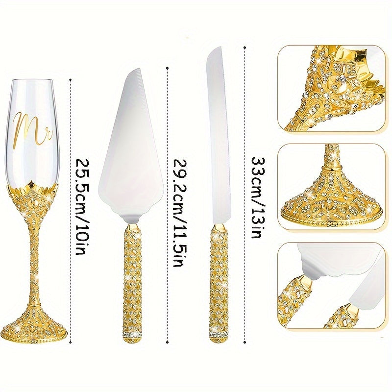 4Pcs Wedding Champagne Flutes And Cake Knife Server Set, Toasting Crystal Rhinestone Champagne Flutes Glass Cake Knife Pie Server Wedding Gift For Couple Bride Groom, Wedding Reception Supplies, Champagne Glass For Anniversar