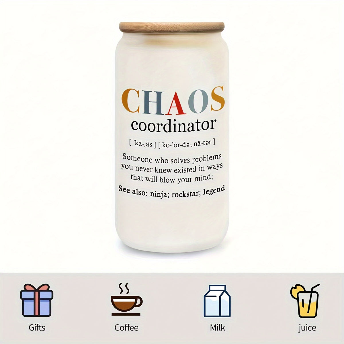 Chaos Coordinator 16oz Glass Tumbler with Bamboo Lid and Straw - English Alphabet Print, Hand Wash Only, Glass Canister for Juice, Iced Coffee, Multipurpose - Reusable & Recyclable Glass Jar, Ideal for Birthday Gifts, New Yea