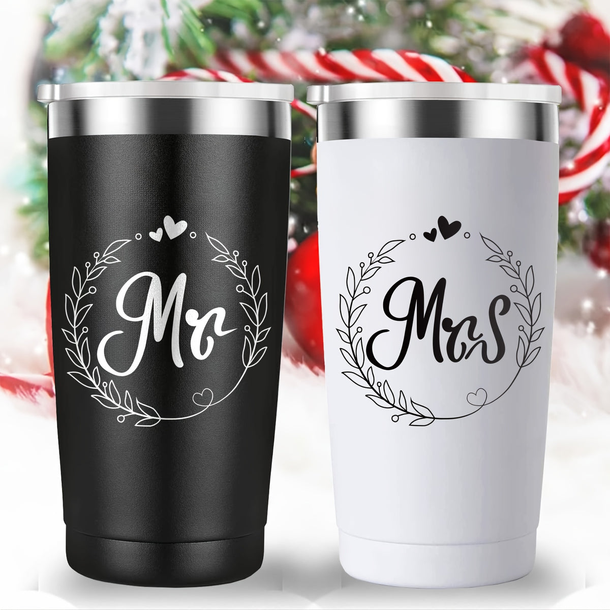 1 Pair, Mr And Mrs Tumblers, Stainless Steel Insulated Travel Tumblers, Ideas For Newlyweds Couples Wife Bride, Engagement Anniversary Valentine's Day Bridal Shower Gifts Wedding Gifts, For Bride Groom Mr Mrs, 20oz (600ml)