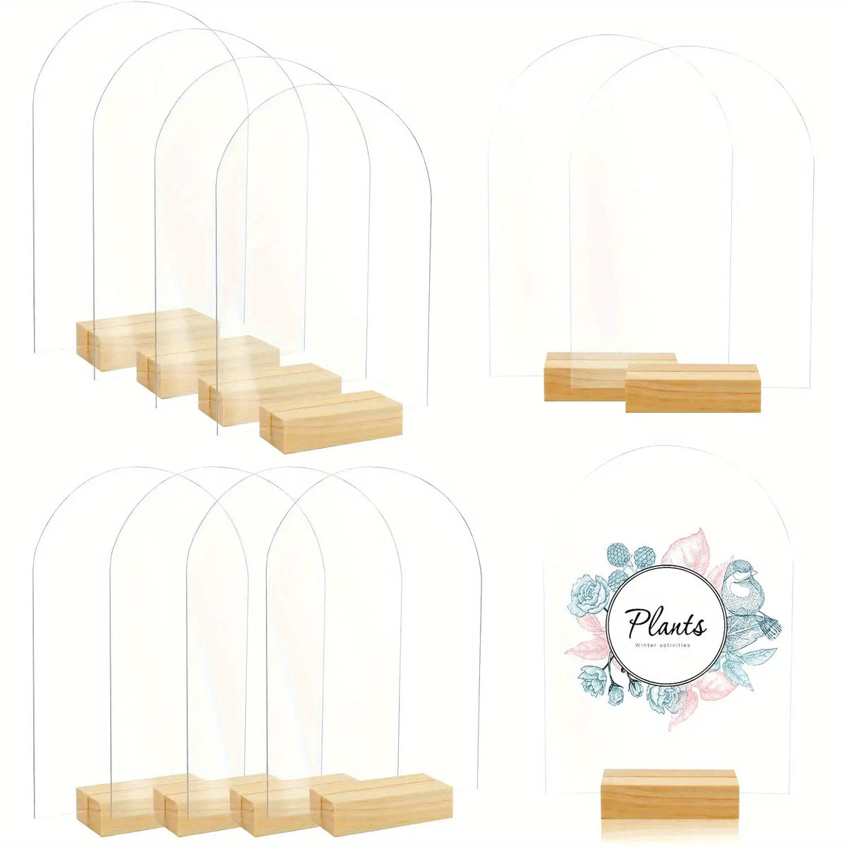 20 Elegant Arched Acrylic Signs with Wooden Stands- 10.16x15.24cm Transparent Plates for Table Numbers, Event Signs.