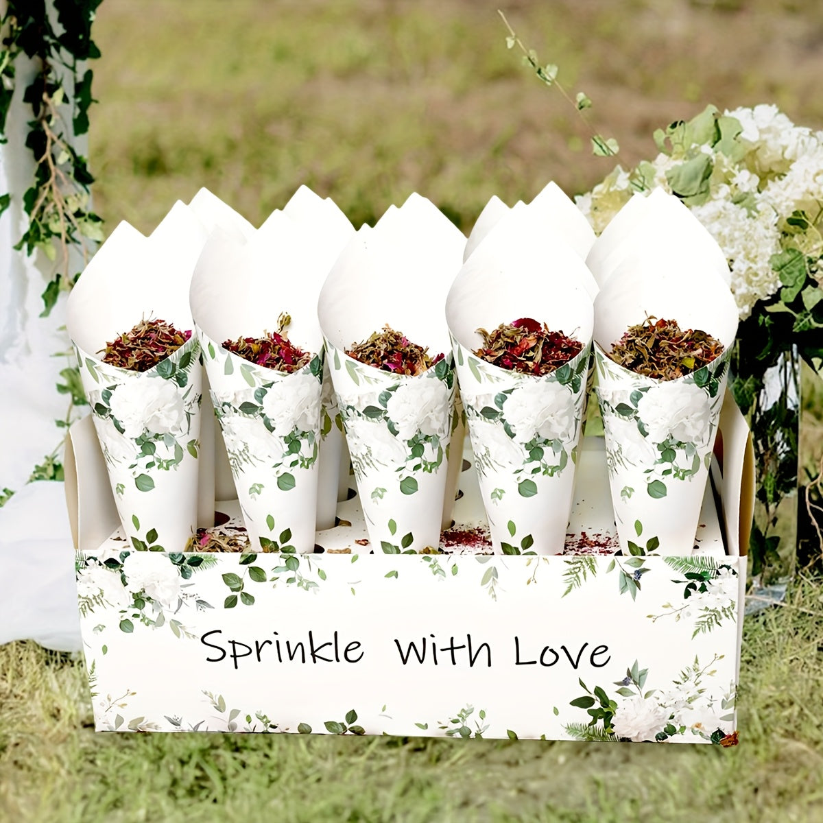 1 Set Green Leaf Kraft Paper Wedding Confetti Cone Kit, Includes Conical Stand Boxes and Trays with Tapered Papers for Natural Petals & Colorful Shreds, Perfect as Party Table Centerpiece Highlight in Rustic Style or Ideal Ch