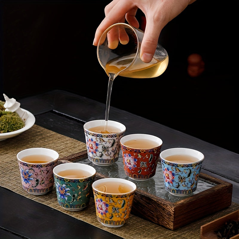 Timeless Appeal, Elegant Floral Enamel Tea Cup Set - 6 Ceramic Tea Cups with Gift Box, Reusable & Handwash Only, Perfect for Home, Office, and Restaurant Use
