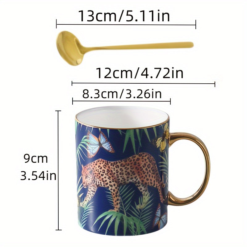 Animal Print Bone China Coffee Mug, 350ml/12.3oz Cheetah & Butterfly Design, Hand Wash Only, Insulated, Non-Slip, Reusable, Lead-Free, with Matching Spoon, for Multipurpose Use, Ideal for Christmas, Halloween, Thanksgiving, E