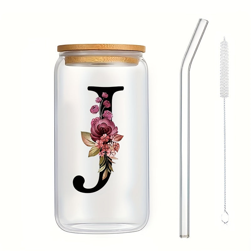 16oz Glass Coffee Mug with Bamboo Lid & Straw - A-Z Letter Design, Perfect for Office & Home Use, Ideal Birthday or Holiday Gift for Women